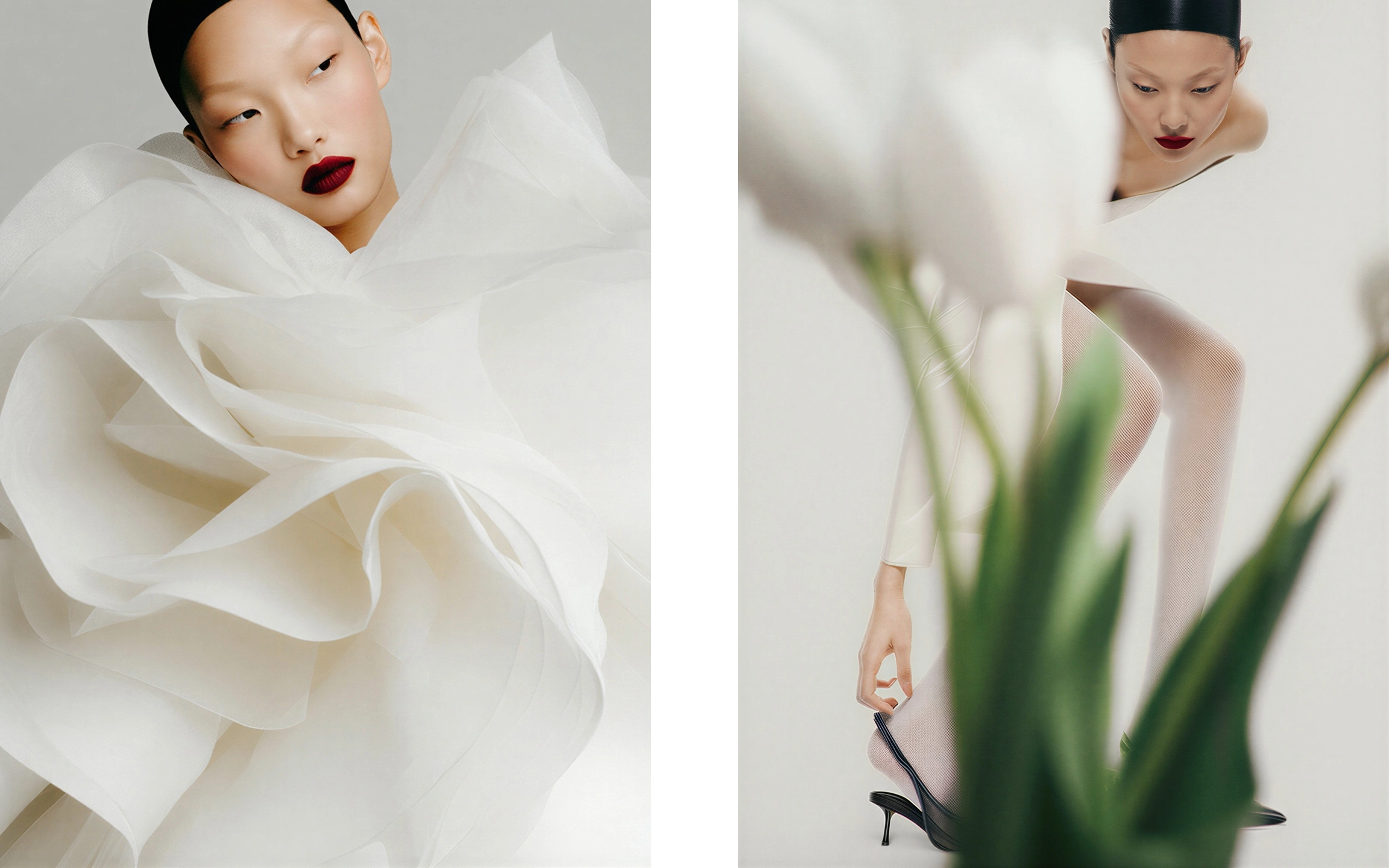 a woman reaching down to adjust her shoe, behind a tulip