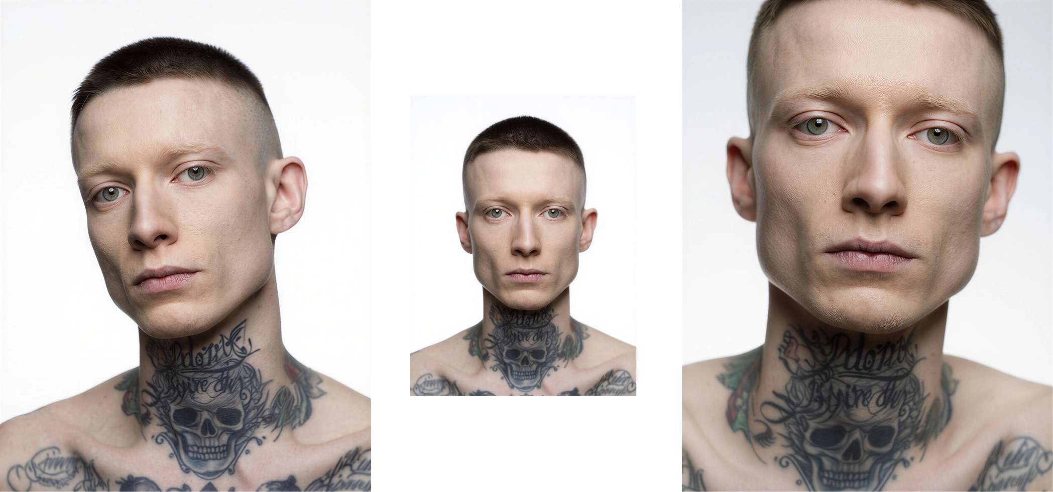 A male character with close-cropped hair, blond brows, tattoos down the neck and an unflinching stare