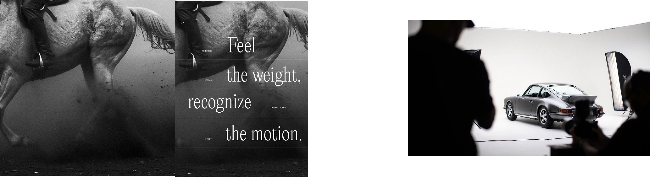 horse, a poster, and a car in a studio setting