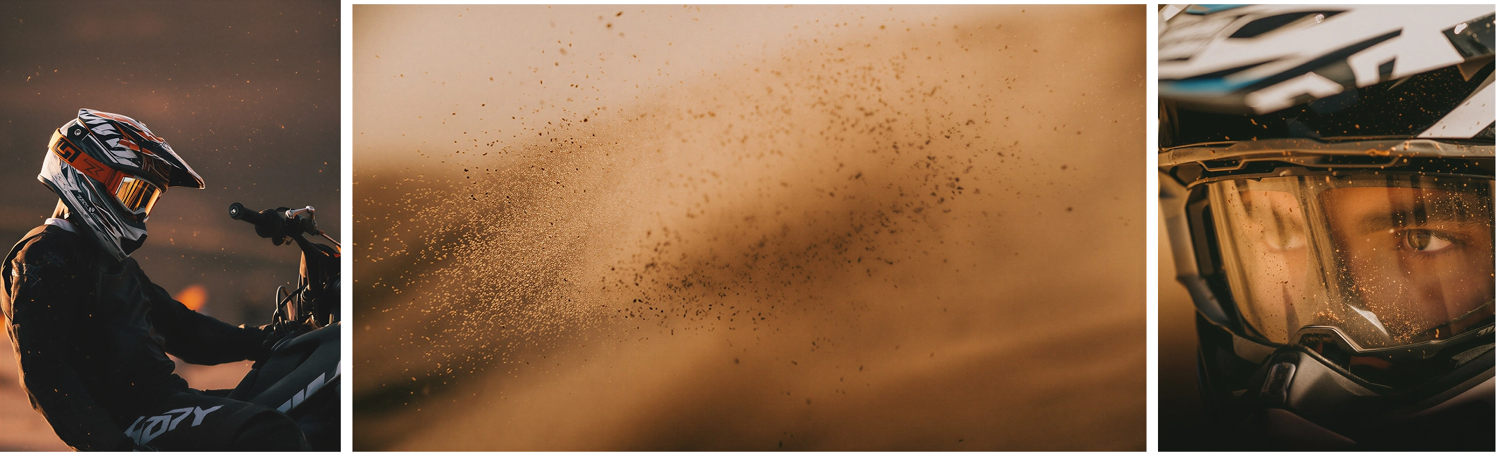 Sand, a motorcycle, close-up of a motorcyclist