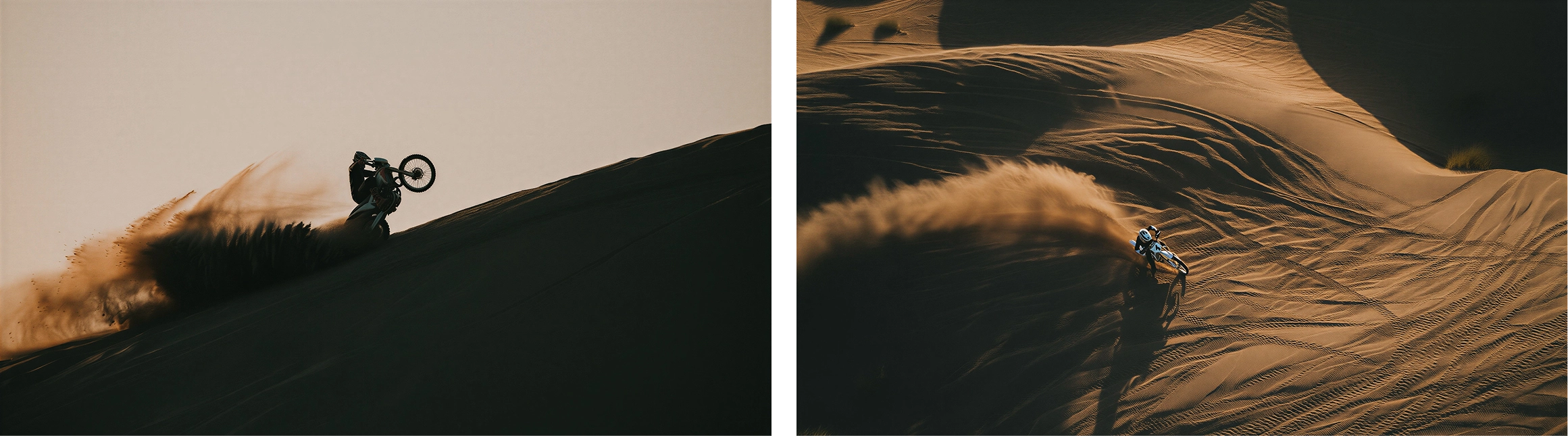 a motorcycle spraying sand in the desert