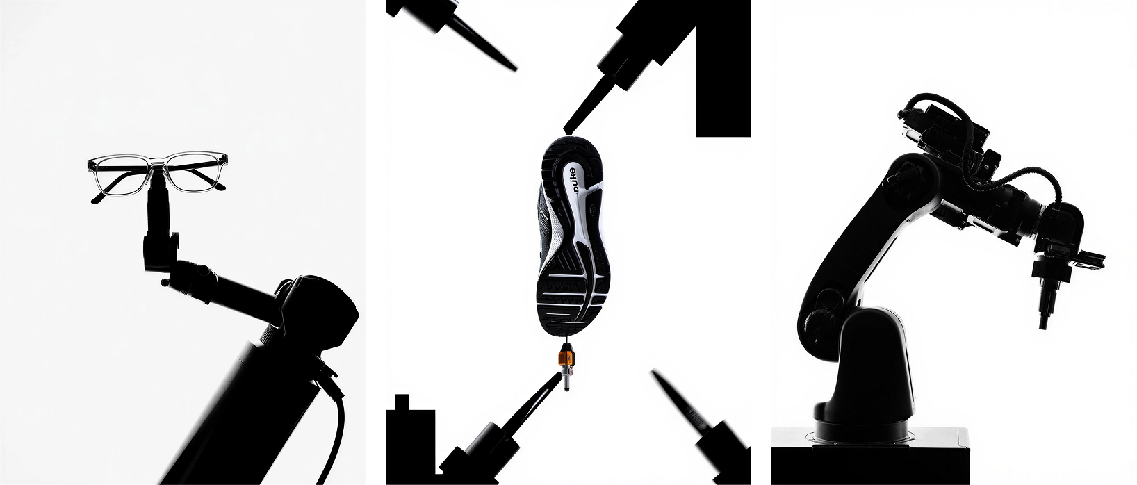 A tryptic of a sneake propped up by robotic arms