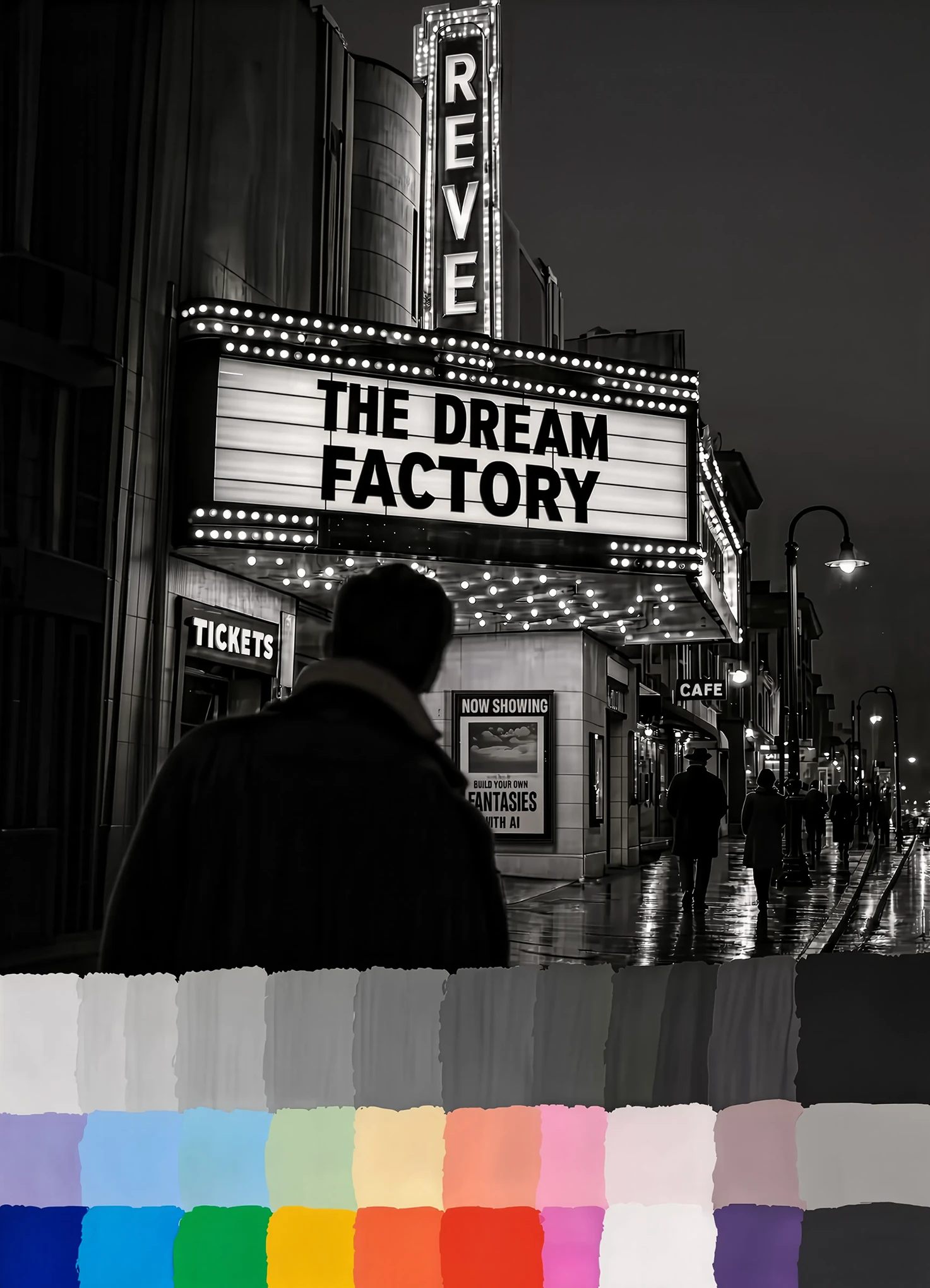 A rain-slicked city street at night, a cinema marquee reading THE DREAM FACTORY above a lone figure, with a strip of painted color swatches along the bottom edge