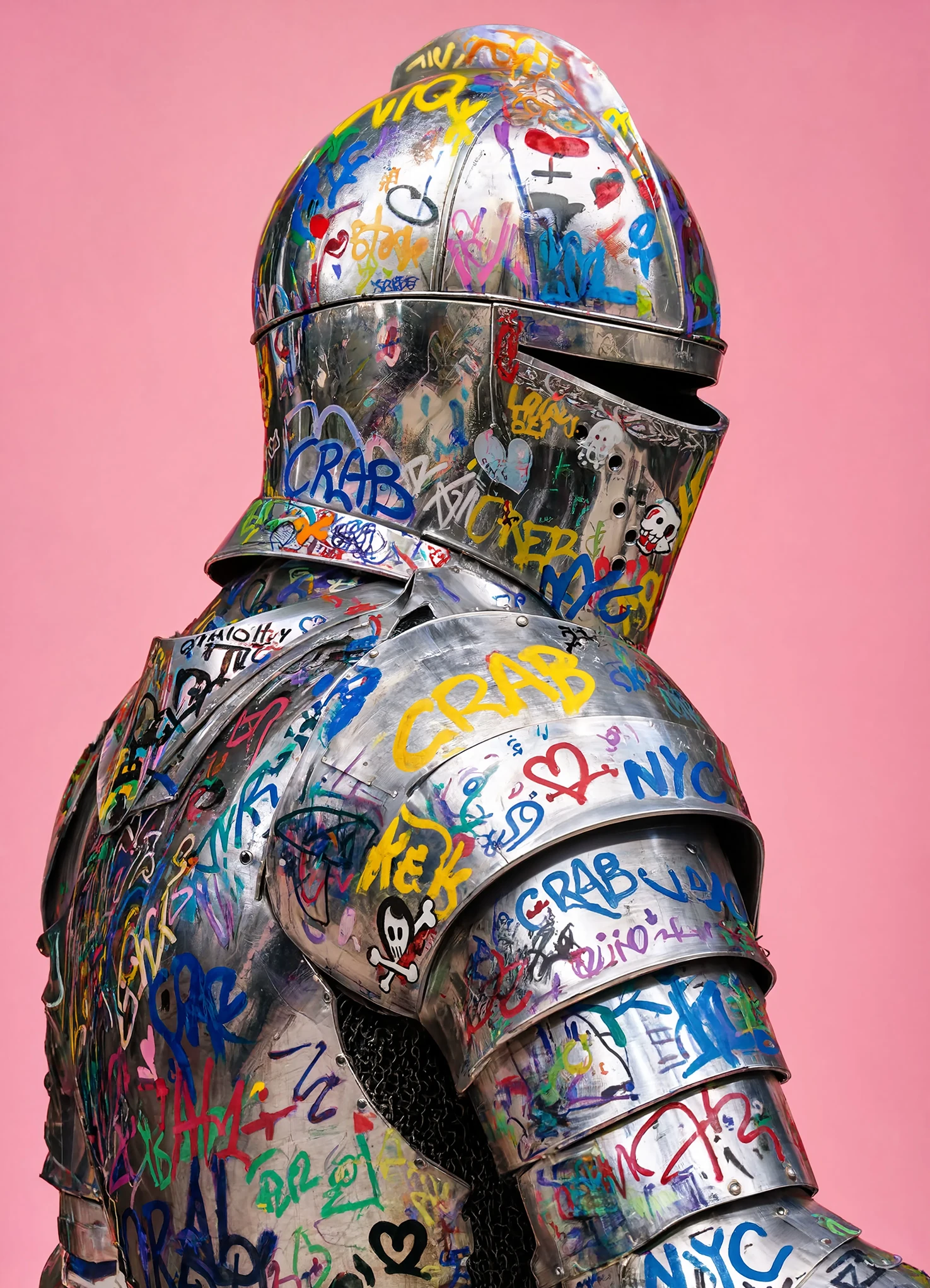 A suit of polished plate armor covered in multicolored graffiti tags against a pink background