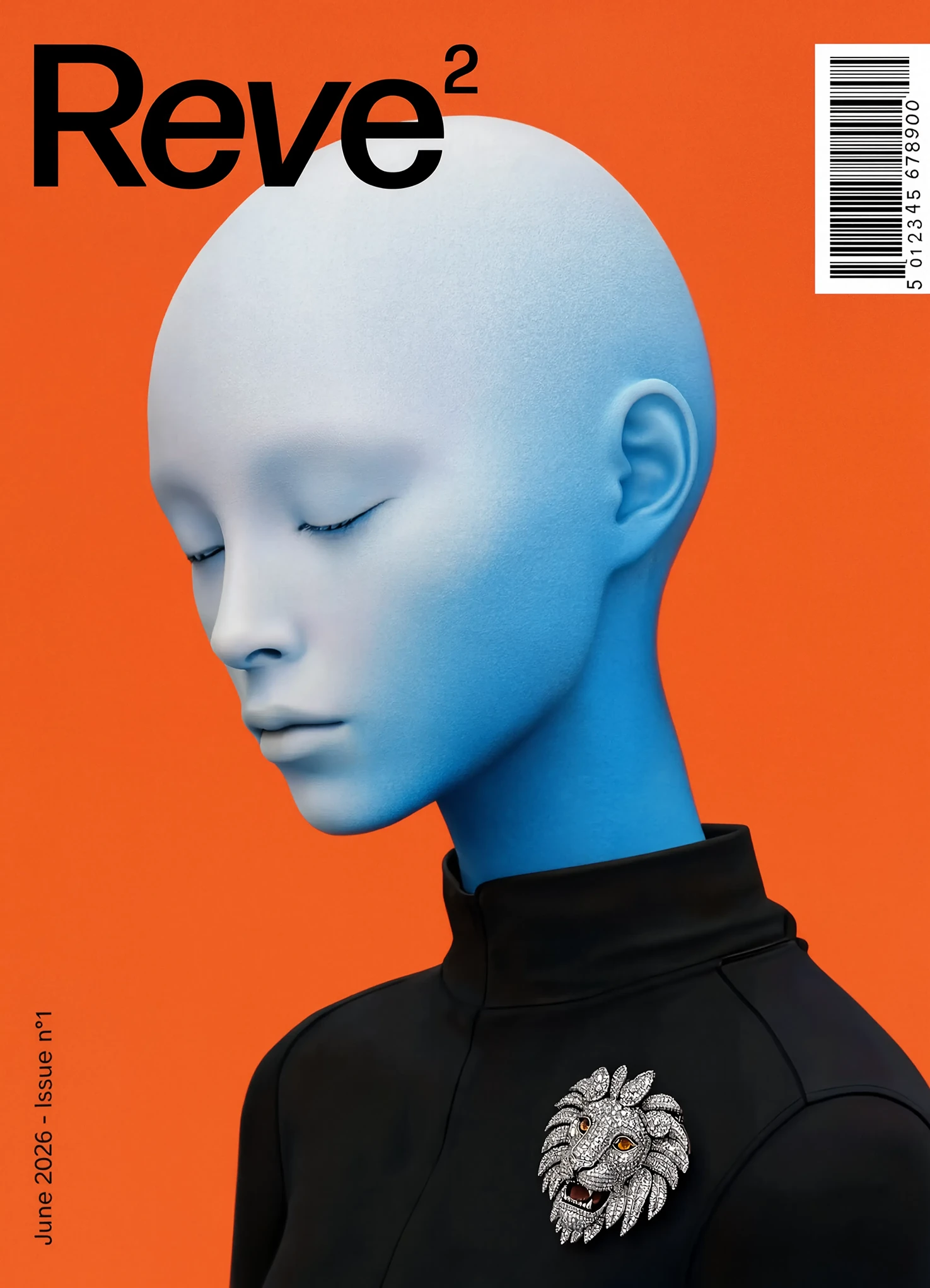 A mock magazine cover titled Reve², a pale blue figure with closed eyes wearing a black turtleneck and a jeweled lion brooch against orange