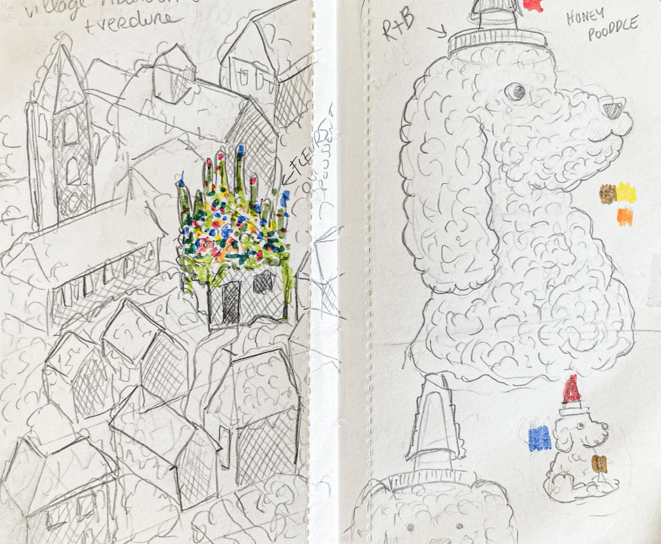 An open sketchbook spread with a pencil drawing of an overgrown village and a single flowering house, beside a drawing of a honey bottle shaped like a poodle labeled HONEY POODLE