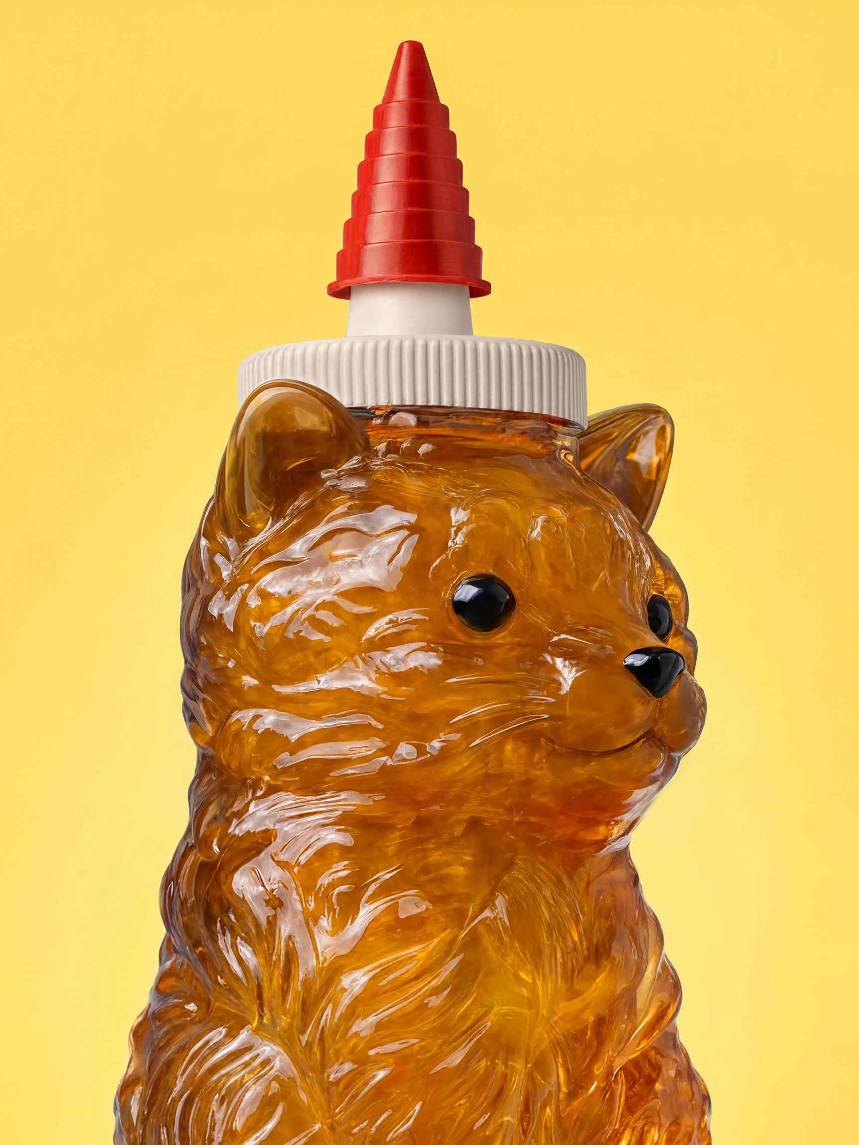 A honey bottle in the shape of a long-haired cat, filled with amber honey and capped with a red nozzle, against yellow