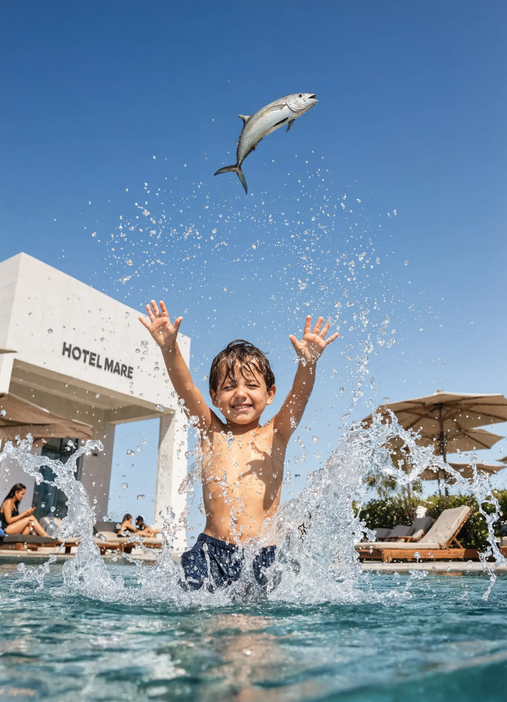 A boy bursts up out of a hotel pool with his arms raised as a large fish sails through the air above him