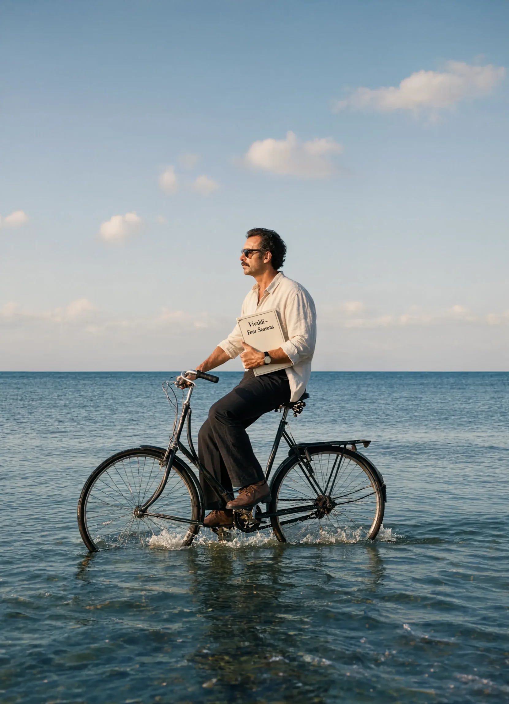 A man in a white shirt rides a bicycle across the surface of the open sea, a newspaper in one hand