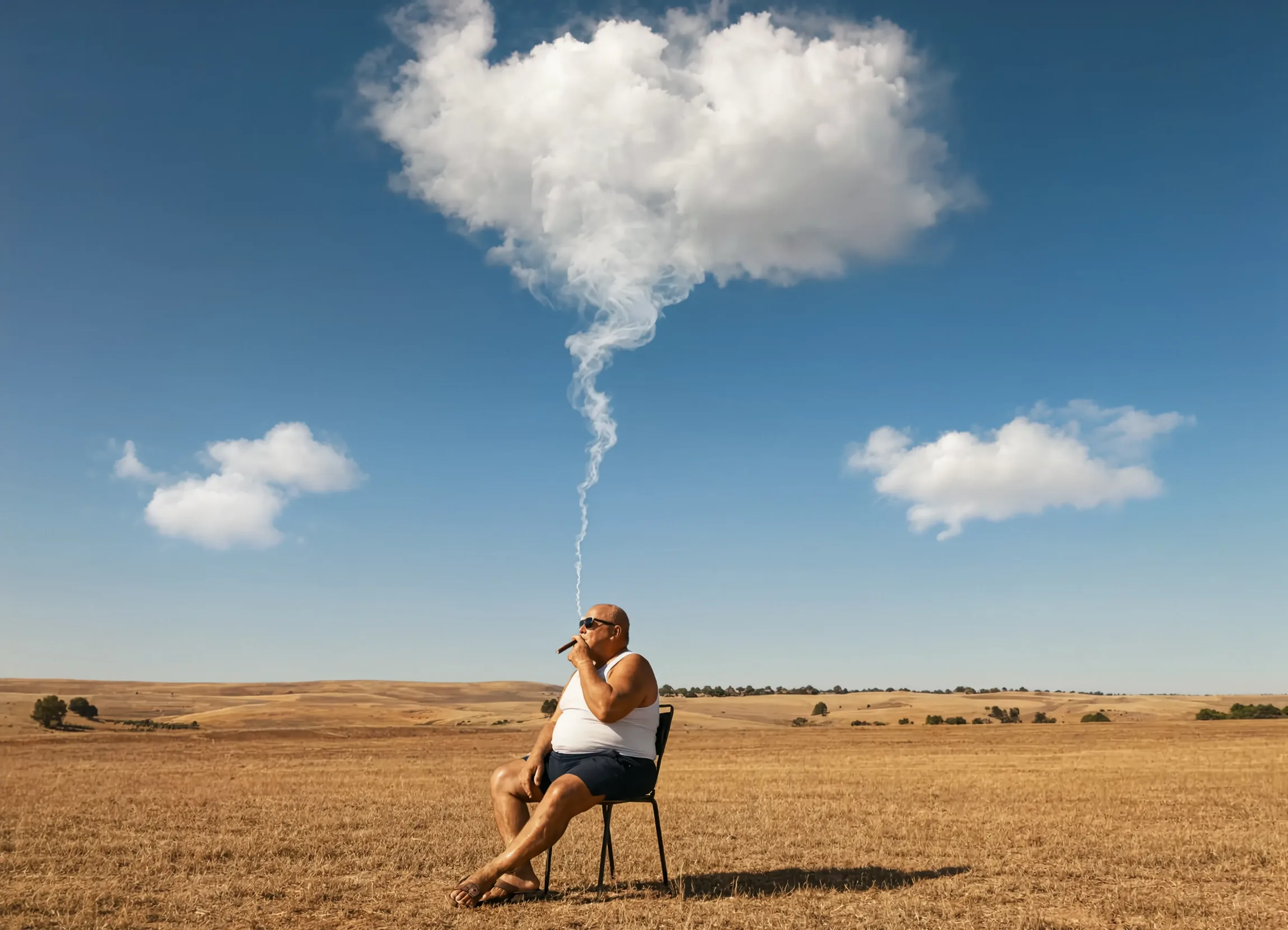 A man sits alone on a chair in a dry golden field, his cigar smoke rising to form the one large cloud overhead