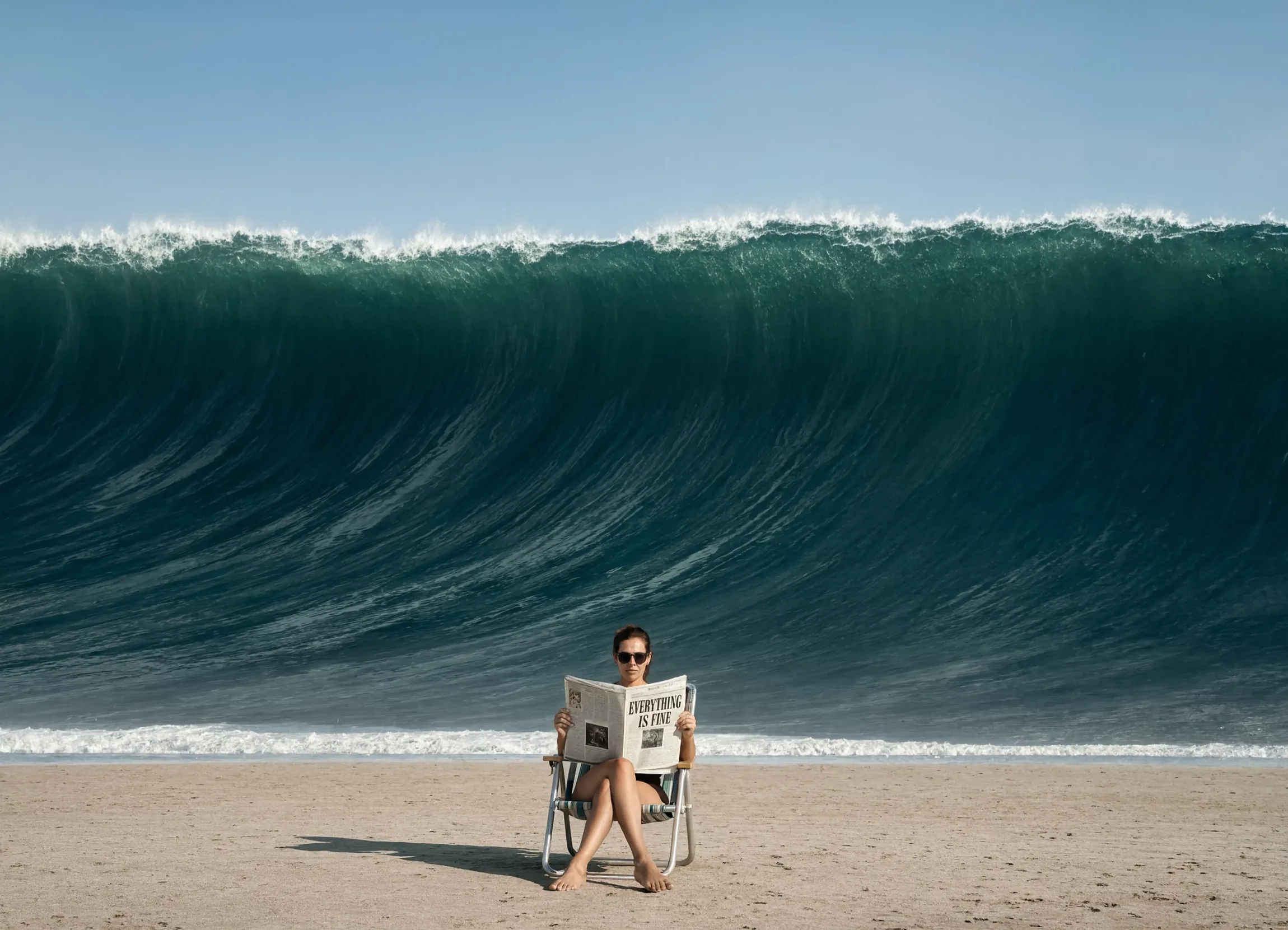 A woman sits reading a newspaper headlined EVERYTHING IS FINE as a vast wave rears up behind her